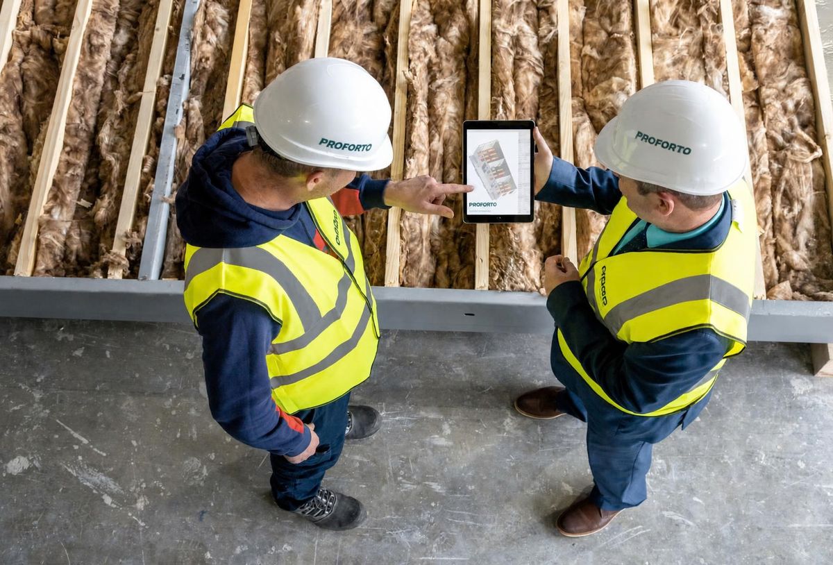 Twee vakmannen met helm en veiligheidshesje bekijken een bouwplan op een tablet naast glaswol isolatie tussen houten regels